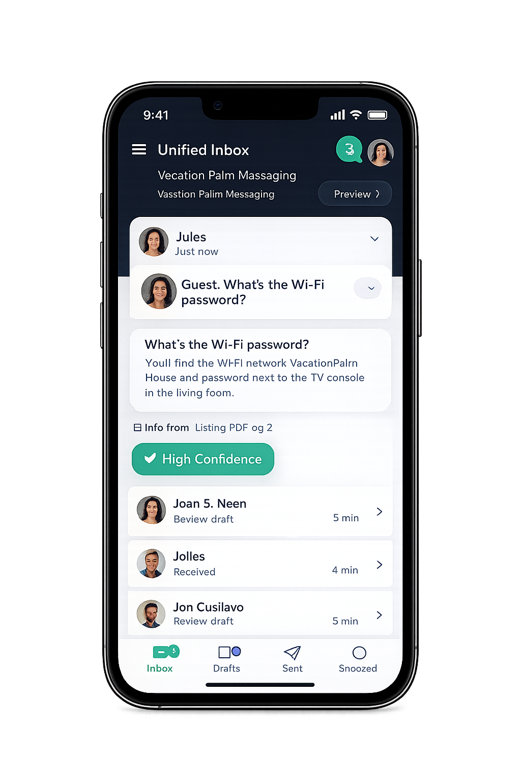 Hostflo AI unified inbox showing an AI-drafted guest reply with a High Confidence badge